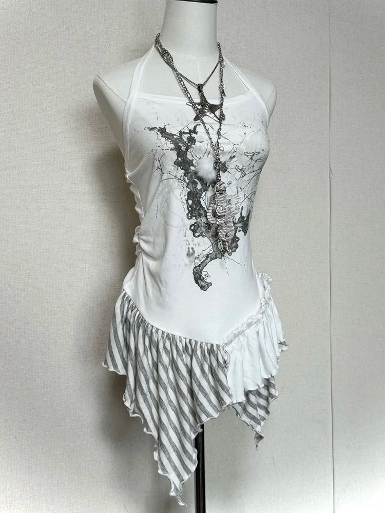 White Halter Top with Printed Pattern & Asymmetrical Hem - Blazed Field