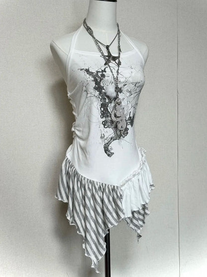 White Halter Top with Printed Pattern & Asymmetrical Hem - Blazed Field