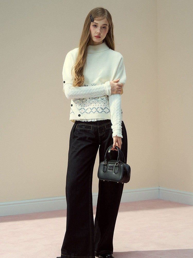 Pattern Short Beige Elegant Sleeve Vintage Asymmetrical with Sweater