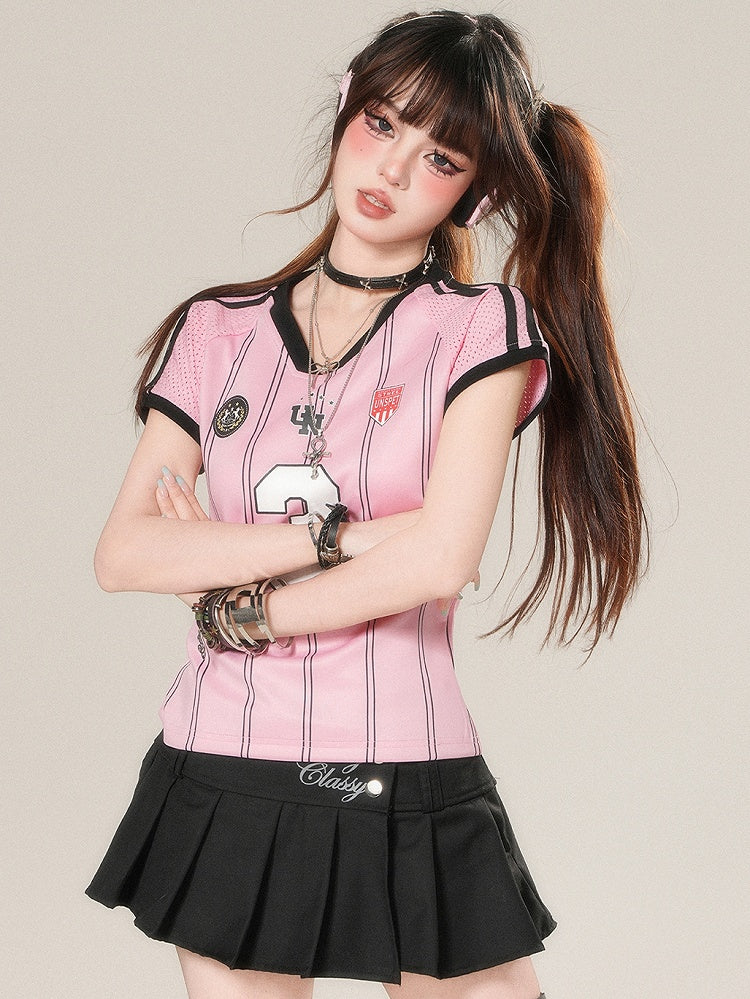 華やかなTシャツ プリントナンバーストライプ柄 Vネック ピンク