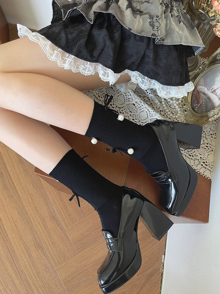 Socks White/Black Decorated Bow Beadand