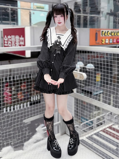 Black Striped Sailor Collar Long-Sleeve Dress with Cherry Blossom Embroidery and Matching Shorts - Dream Core Waves