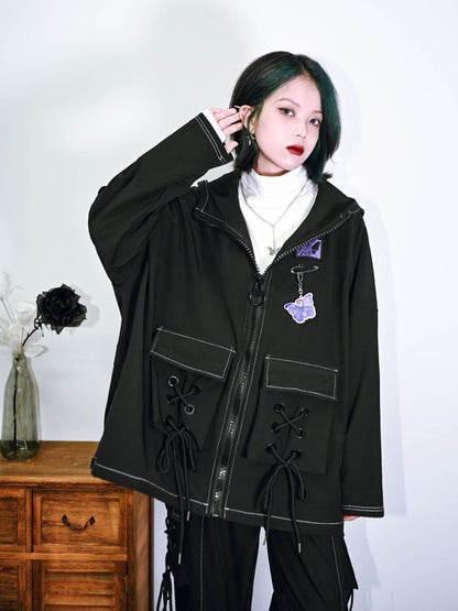 Black Cape 3D Drawstring Gothic Butterfly Pockets Crisscross with Hooded Embroidery Fleece-Lined Jacket