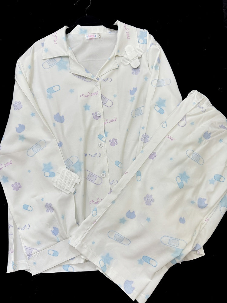 Set White Print Top Band-Aid Kitten Pants Kawaii Loungewear Yami |
