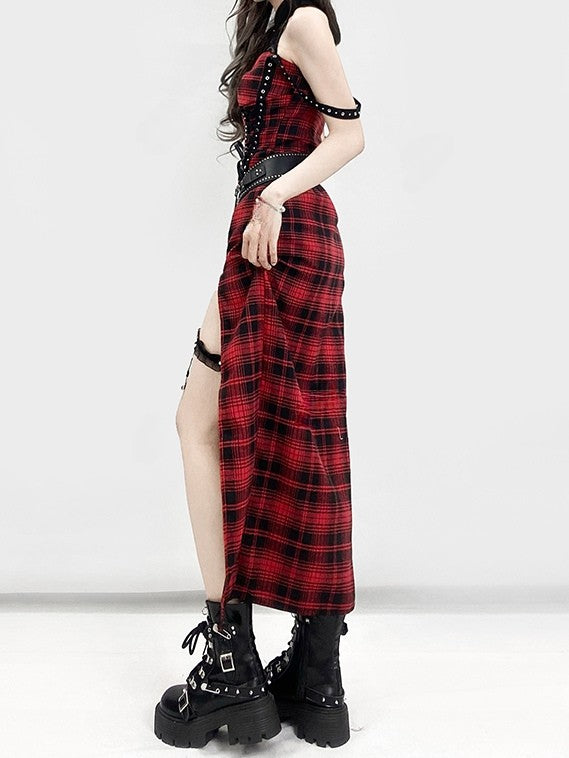 Dress Thigh-high Pattern Red Lace-up Plaid Slit Glamorous Detail Y2K