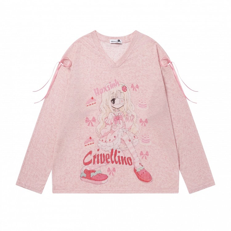 Pink Long Sleeve Sun Top with Girl Print & Ribbon Detail - Languid Park