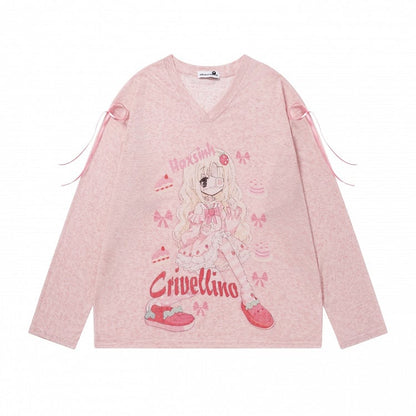 Pink Long Sleeve Sun Top with Girl Print & Ribbon Detail - Languid Park