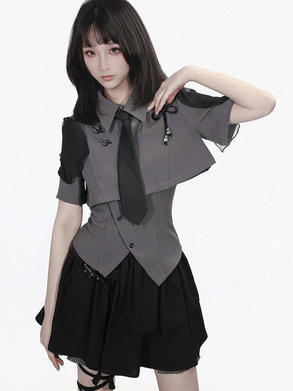 Gray Cropped Shirt with Leather Knot & Cami Set - PINK SAVIOR