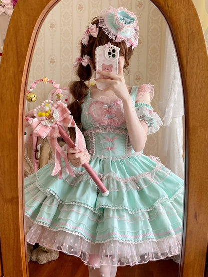 Lolita Dress Sweet Polka-dot Green Pink Heart Pattern Ruffled Heart Front Mint