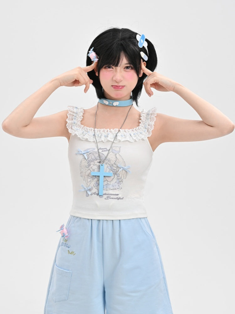 White Ruffled Square Neckline Anime Girl Print Sleeveless Top