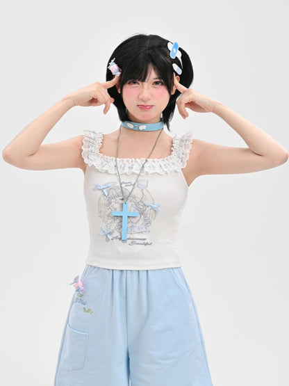 White Ruffled Square Neckline Anime Girl Print Sleeveless Top
