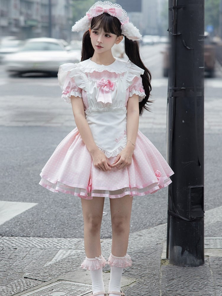 Pink Maid OP with Striped Lace Details - Sheep Puff Atelier