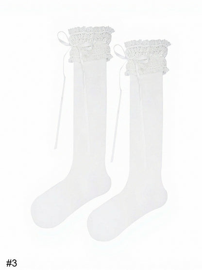 Four-Option Bow Calf Socks with Lace Trim - ModaSwings