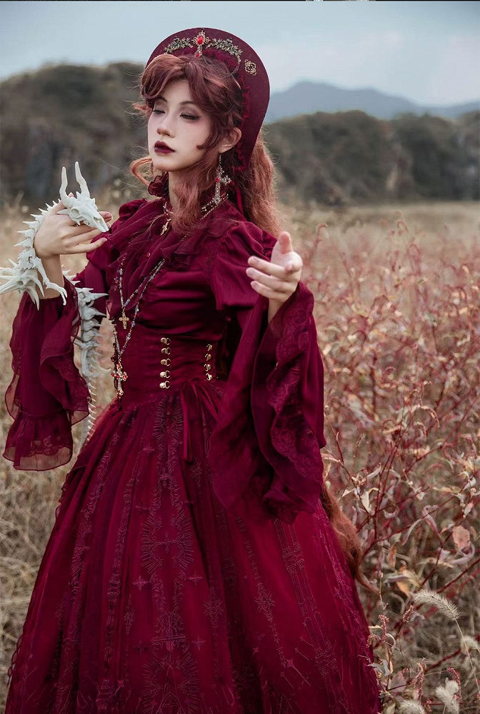Long Sleeves with Flounce Cuffs Gothic Lolita Red Blouse