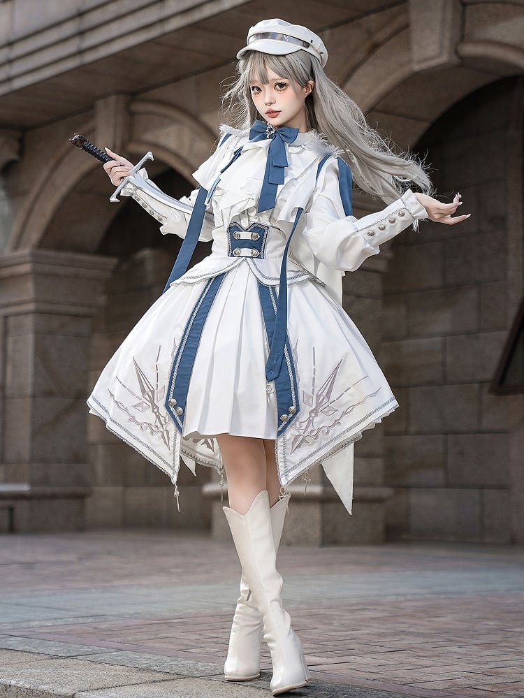 Military Lolita 3-Piece Set with Corset Belt – Top, Skirt and Belt, White and Blue (Xiong Dou Jiang)