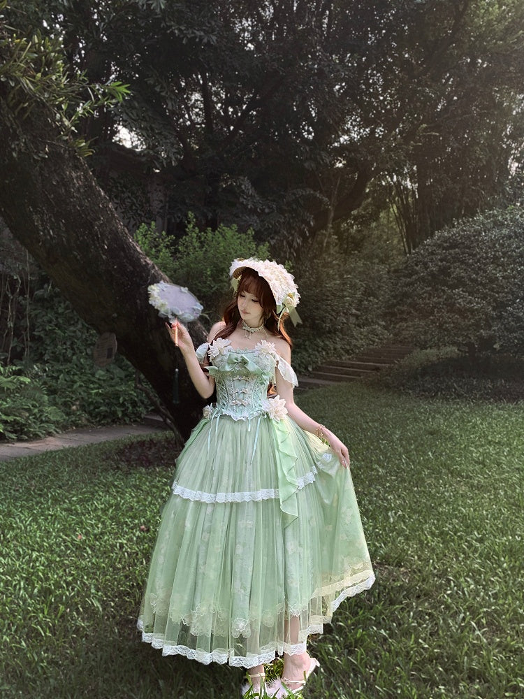 Version Long Floral + Lolita Green Top Frog Skirt with Jasmine-Embellished Buttons Corset Print