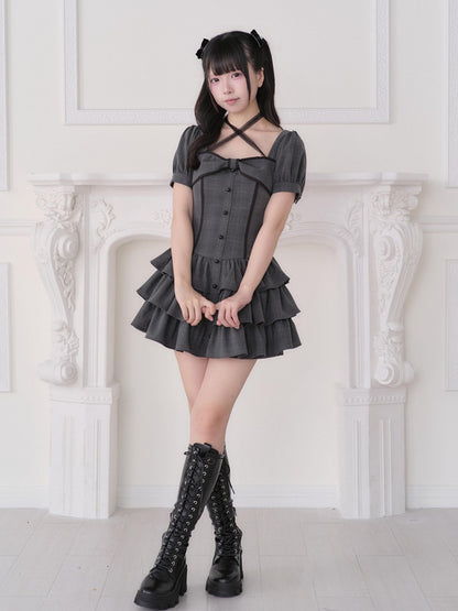 Jirai Kei Black Plaid Halter Layered Ruffle Dress with Matching Shorts - No Genki