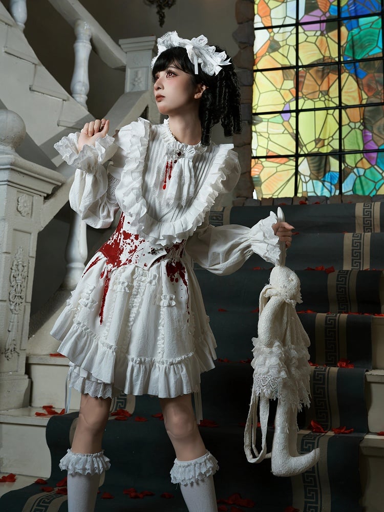 Detachable with White Blood Bead Chains Asymmetrical Gothic Lolita Belt Red Corset Print