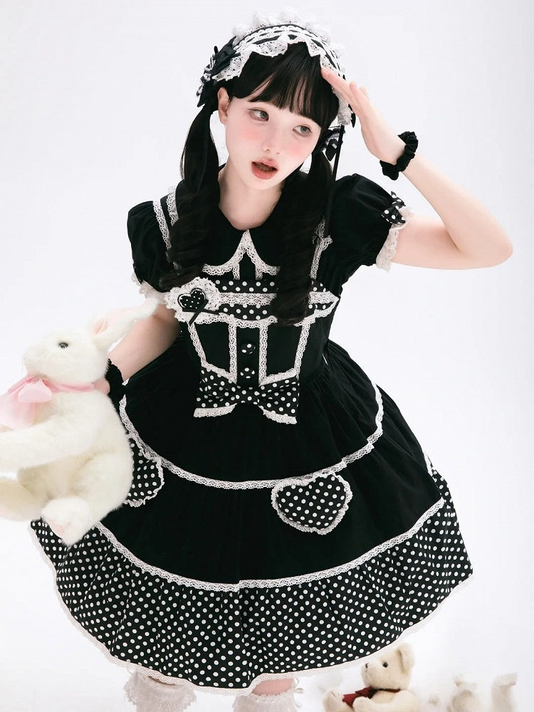 Kleid Schule Polka Alt Schwarz Baumwolle Weiß Punkte Lolita