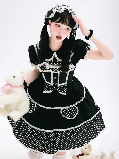 Kleid Schule Polka Alt Schwarz Baumwolle Weiß Punkte Lolita