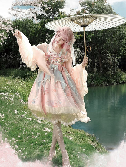 Lolita Overlay Floral Trim Edge Han with Scalloped Dress Golden JSK Blue Embroidery and Print Pink Fish