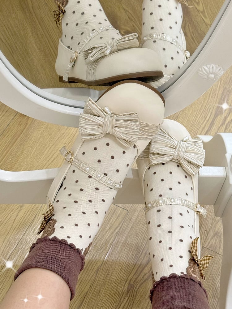 Top Buckle Toe Creamy Shoes Beaded Bow Decorated Lolita White Heart Round at