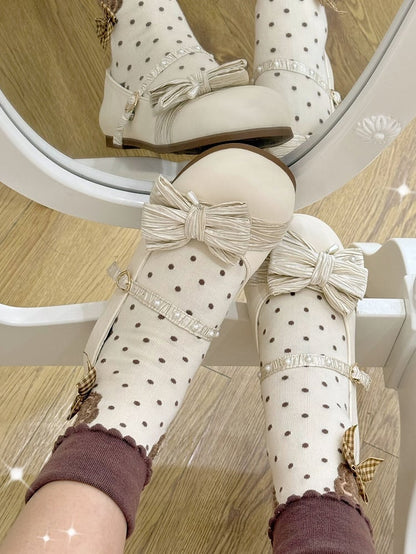 Top Buckle Toe Creamy Shoes Beaded Bow Decorated Lolita White Heart Round at