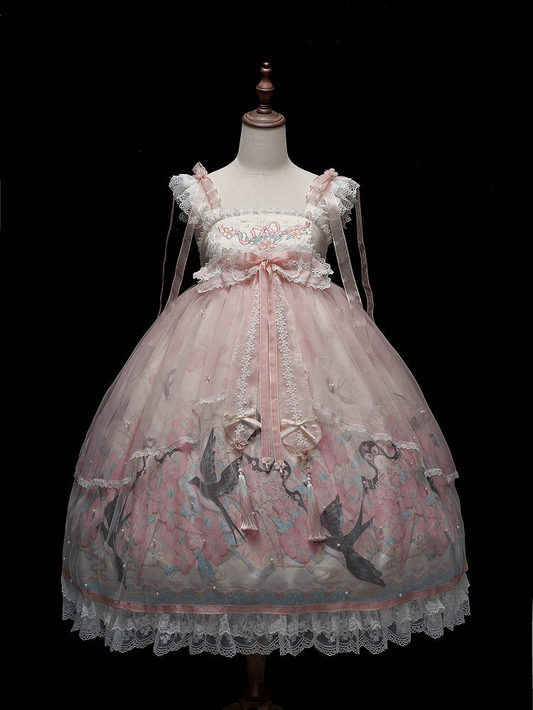 Peach Blossom Print Pink Empire Waist Chinoiserie Lolita Dress with Beaded Sheer Overlay - Dream Magic Box