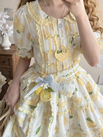 Short Front Lemon Sleeves Button Tiered Lolita Print Placket Skirt Dress White Chick and