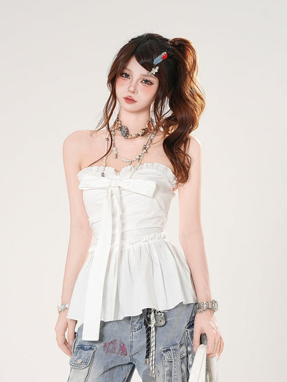 Big Bow Neckline White/Blue Strapless Top Plaid