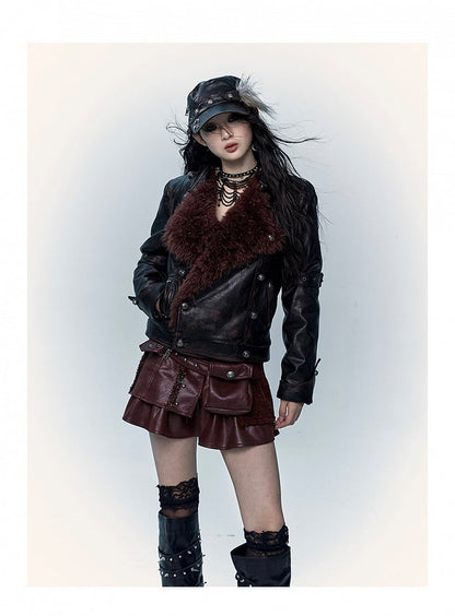 ダークレッドのハートと骨のアップリケ付きジャケット（バックル付き）