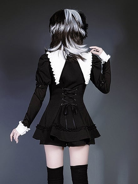 Black Jirai Juliette Flat Gothic Pointed Top with Sleeves Kei Set: Three-Piece White Collar