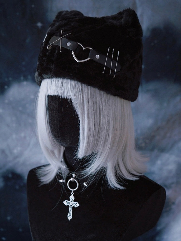 Black Punk Plush Cat Ear Hat with Metal Buckle - Strange Sugar