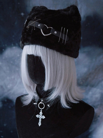 Black Punk Plush Cat Ear Hat with Metal Buckle - Strange Sugar
