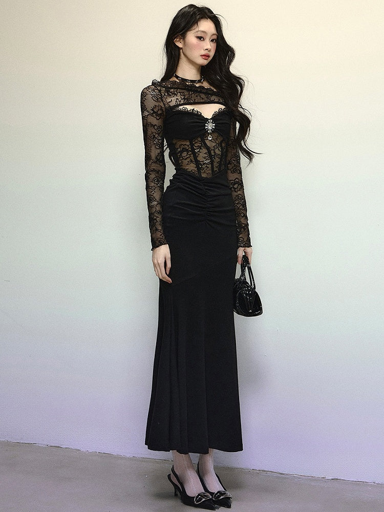 Black Asymmetrical Neckline Semi-sheer Lace Bodice Mermaid Skirt Patchwork Dress Evening Gown