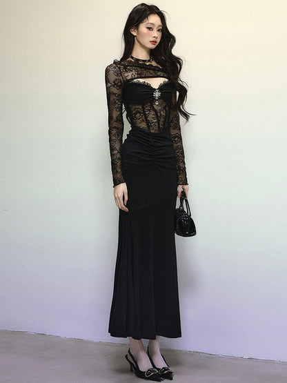 Black Asymmetrical Neckline Semi-sheer Lace Bodice Mermaid Skirt Patchwork Dress Evening Gown