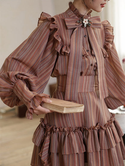 Reddish Brown Striped Pattern Vintage  Bishop Sleeves Ruffle Trim Blouse