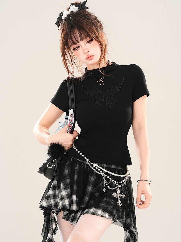 ブラック/ホワイト バタフライ モックネック Tシャツ 背中にレースパッチワーク