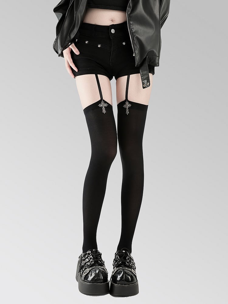 Cross Suspender Gothic Metal Style White/Black Stockings