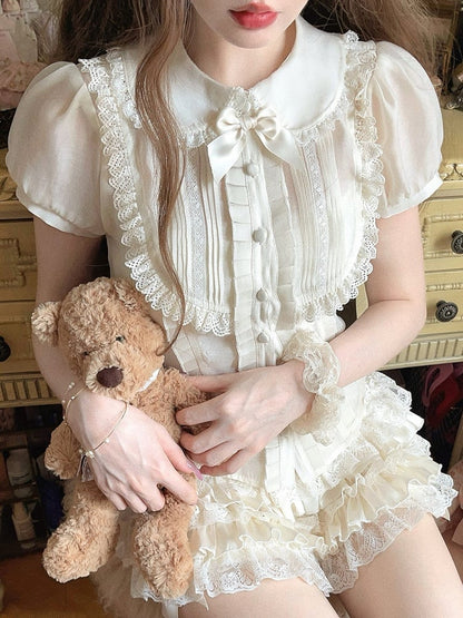 Spitzenbesetztes Set Puff Apricot Bluse Cami Sleeve Mit