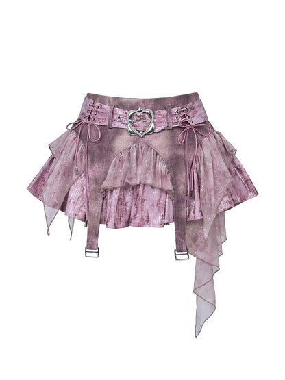 Hem Mini Pink Skirt Denim Belt Asymmetric Sequined Heart with Y2K Buckle Punk