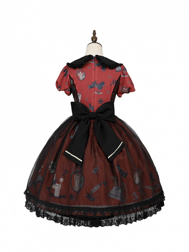 Puppy and Telephone Print Black and Red Peter Pan Collar Sweet Lolita Dress