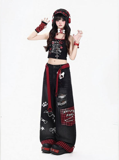 Distressed Straight-Leg Plaid Jeans with Embroidery and Belt - CRAZY GIRL