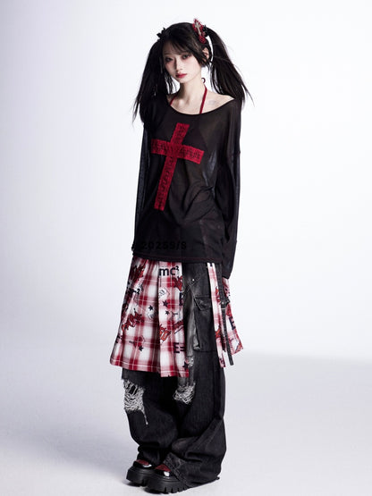 Lace Cross Black Asymmetrical Sun Protection Coverup Red Neckline