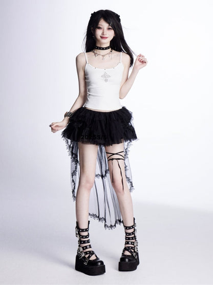 with Trim Tiered Mesh Skirt Train Black Mini Lace