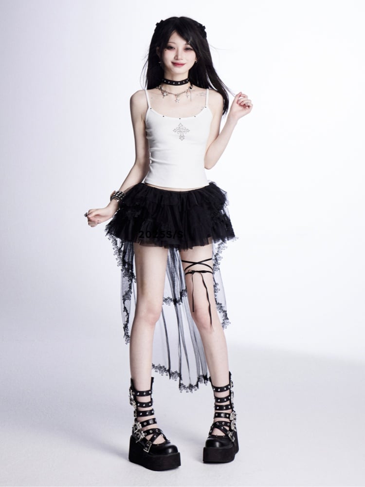 Lace with Tiered Mesh Skirt Train Trim Black Mini