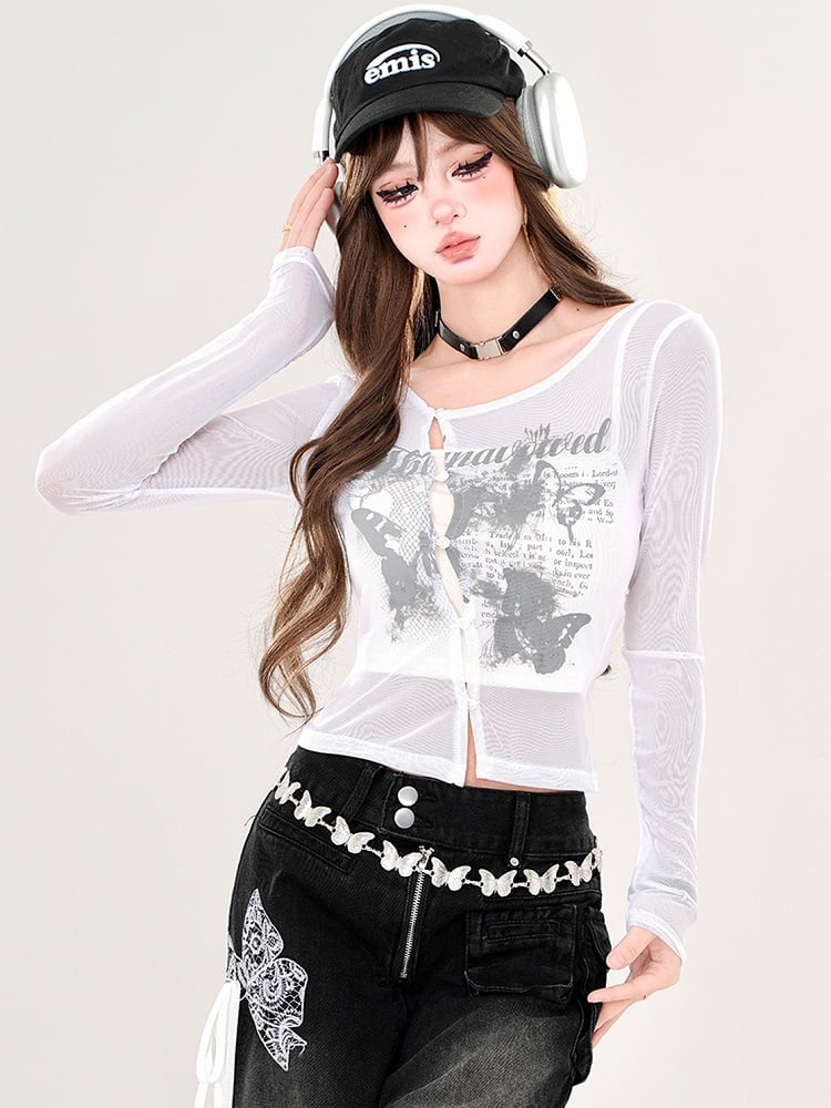 White/Pink Butterflies Print Semi-sheer Cropped Top with Cami Top Set