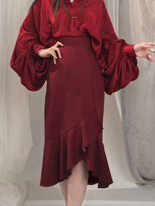 Chinese Hem Partial Waistband with - Mermaid Red Ruffle Style Elastic Skirt