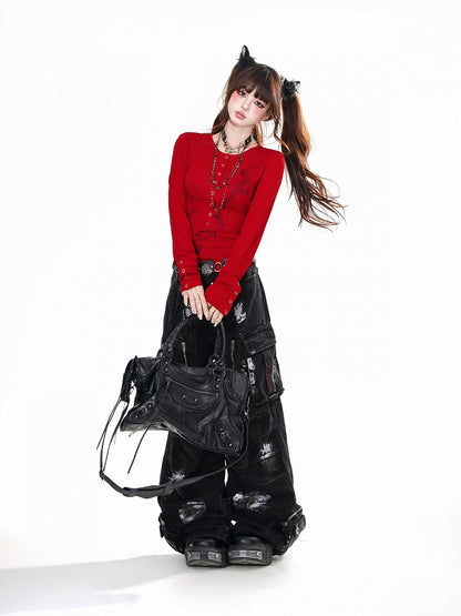 Rot/Schwarzes, schmal geschnittenes Bittersweet-Top mit Rundhalsausschnitt