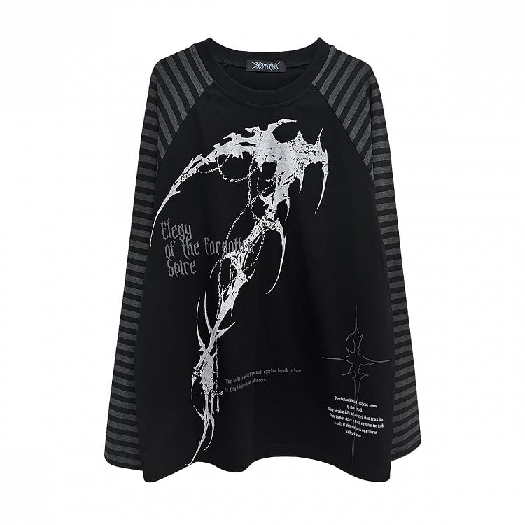 Black/White Graphic Raglan Lettering Prints with Top and Long Sleeves Striped Gothic